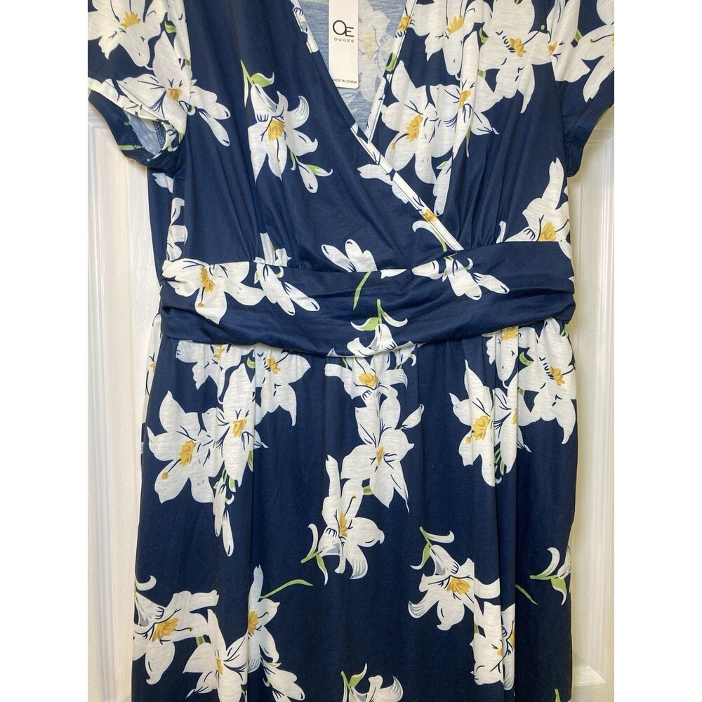 OUGES Navy Floral Wrap Dress Short Sleeve Knee Length XL Pockets - Picture 3 of 9